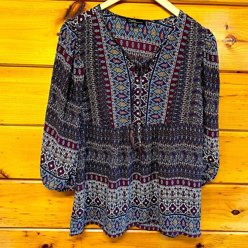 Dalia Blue 3/4 Long Ballon Sleeve Tie Front Colorful Blouse
